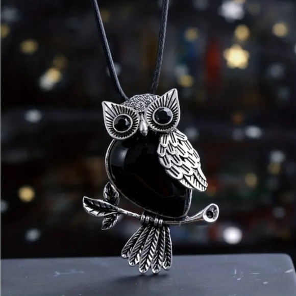 13 🖤 Obsidian Natural Crystal Owl Healing Stone Pendant Necklace - Picture 2 of 3